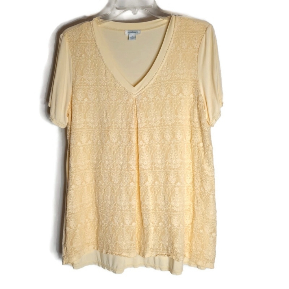 SUNDANCE Embroidered Pleat V-Neck Tee Buttercup Silk Cotton Butter Yellow M 6 8 - Picture 2 of 8